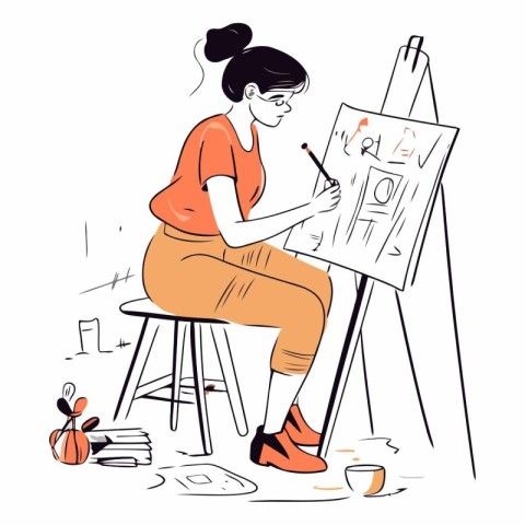 Young woman drawing in art studio. Hand drawn vector illustratio