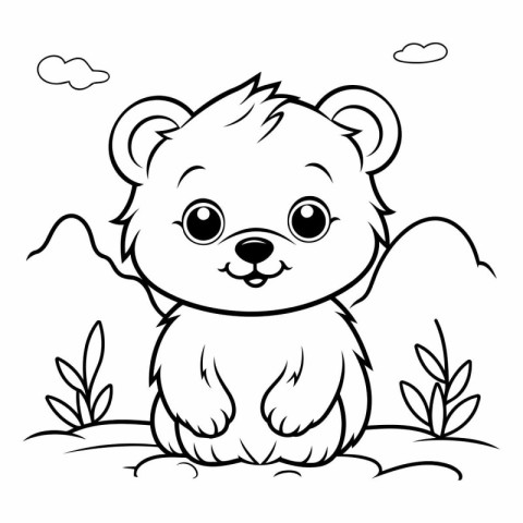 Cute cartoon bear sitting on the ground for coloring book.