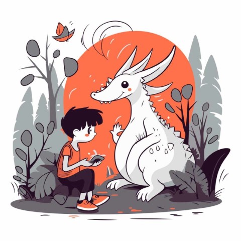 Boy with a tablet and a dragon in the park