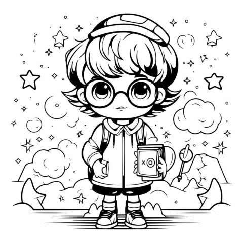 Black and White Cartoon Illustration of Cute Little Kid Boy or K