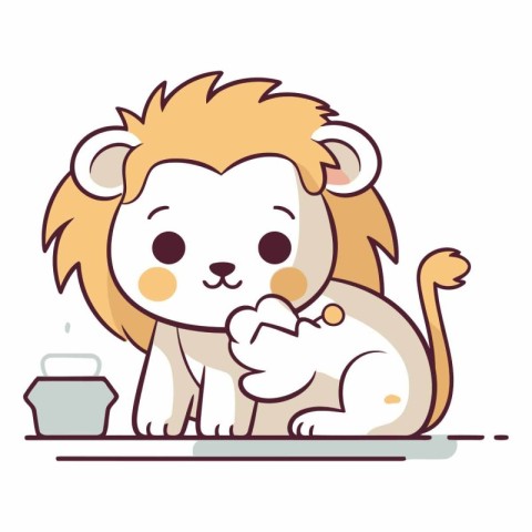 Cute cartoon lion with a cup of tea.