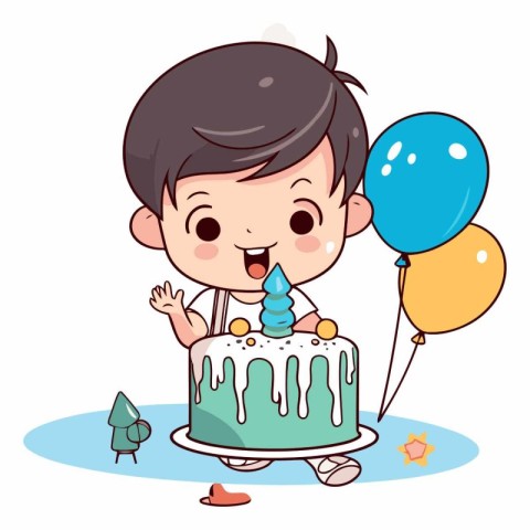 Cute boy with birthday cake and balloons vector illustration gra