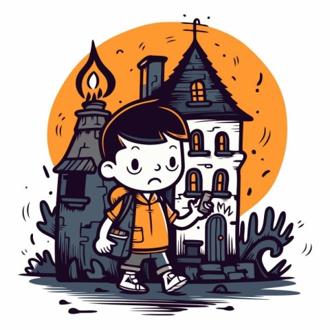 Boy in front of a haunted house in cartoon style.