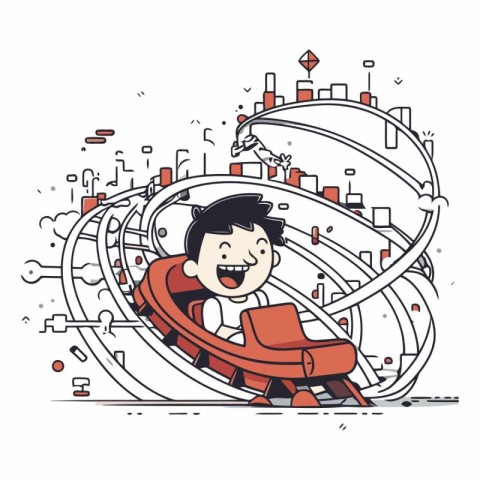 Businessman riding a roller coaster in cartoon style.