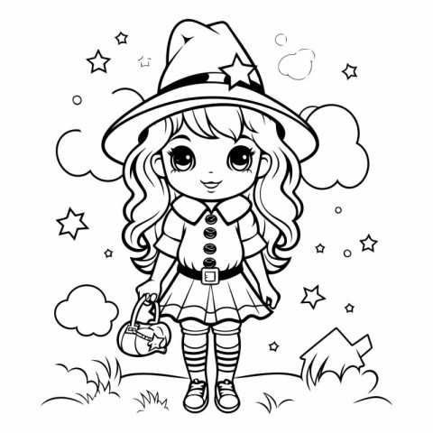 Coloring Page Outline Of Cute Cartoon Witch.