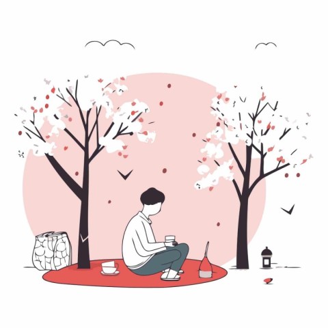 Vector illustration of a young man sitting in a park and drinkin