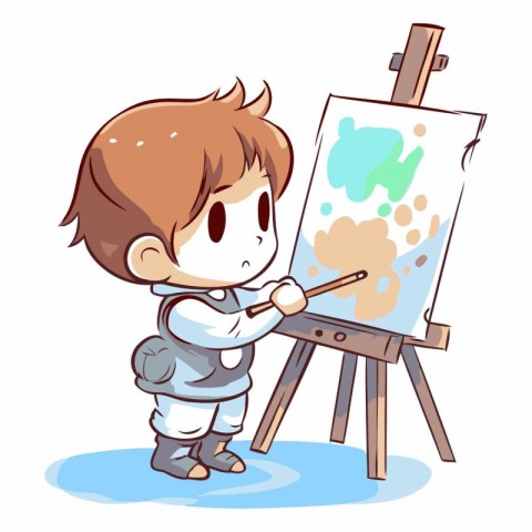 Boy painting a picture on easel in cartoon style.