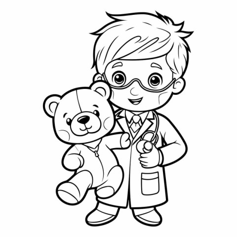 Coloring Page Outline Of cartoon doctor with teddy bear.