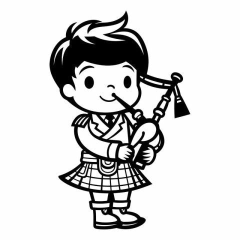 Boy playing the bagpipes - black and white vector illustration.