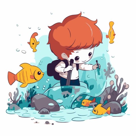 Little boy playing in the aquarium with fishes. Vector cartoon i