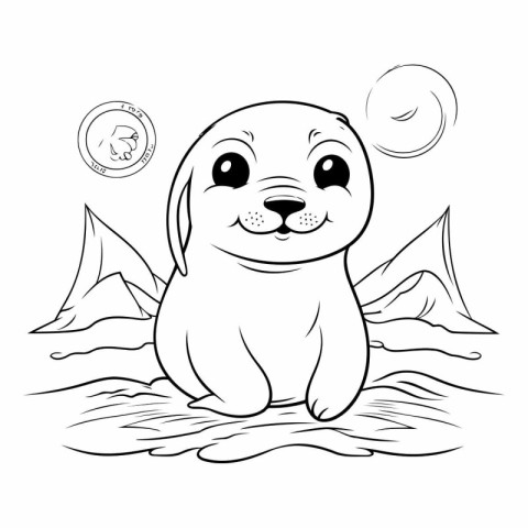 Vector illustration of cute seal with coin on the beach. Colorin