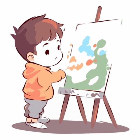 Cute little boy painting on easel. Vector cartoon illustration.