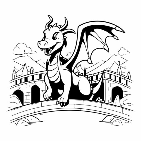 Dragon on the bridge. Black and white vector illustration isolat