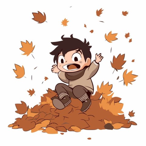 Little boy sitting on the pile of autumn leaves.