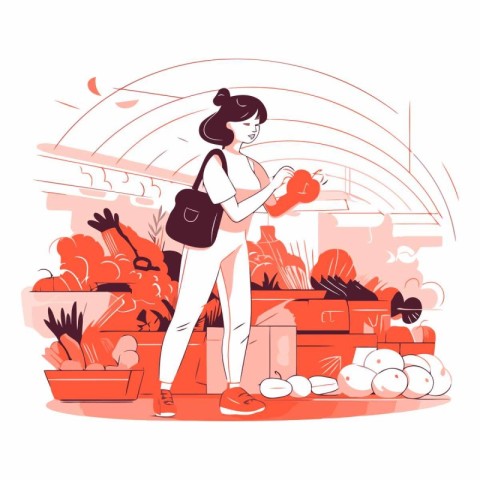 Vector illustration of a young woman with a shopping bag in the