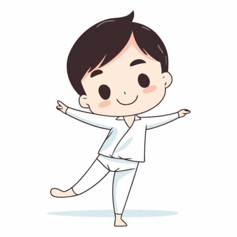 Cute little boy doing karate in cartoon style.