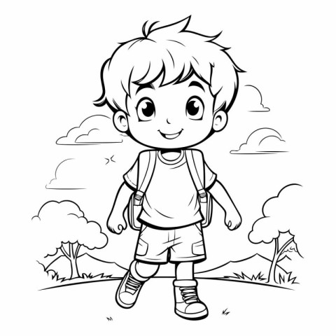 Cute little boy with backpack for coloring book.