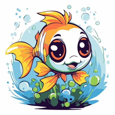 Cute cartoon goldfish swimming in the sea.