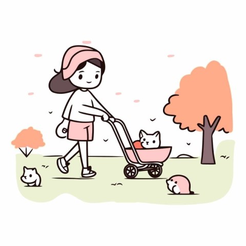 Illustration of a Girl Walking with a Baby Carriage and Cat