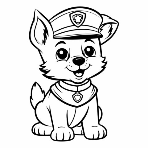 Cute Cartoon Police Dog - Black and White Vector Illustration.