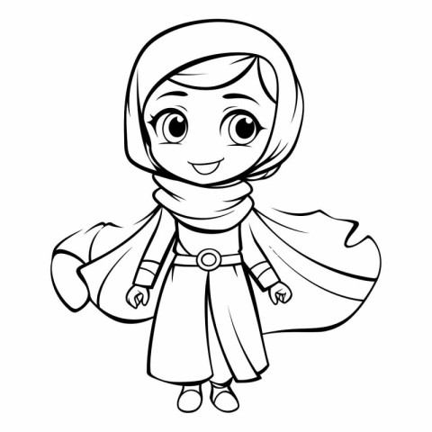 Cartoon Illustration of Cute Muslim Girl Character for Coloring