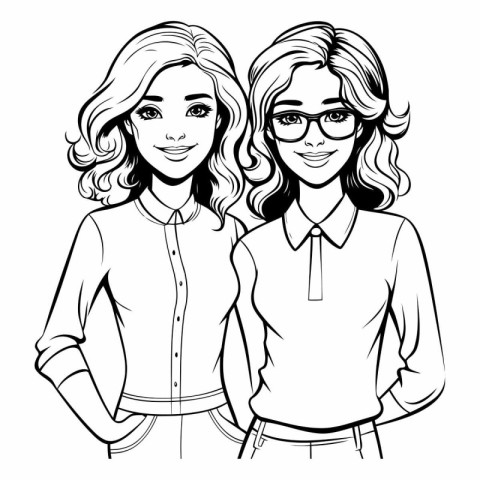 Vector black and white illustration of two beautiful young women