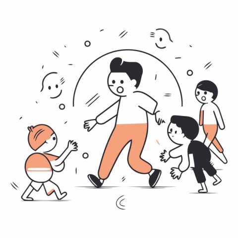 Vector illustration of kids running together. Flat line art styl