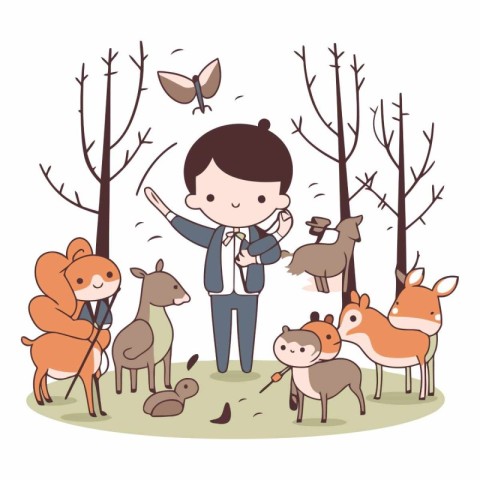 cute little boy and animals in the forest vector illustration gr