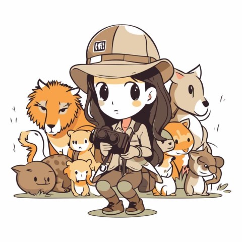 Illustration of a girl in safari outfit with a group of wild ani