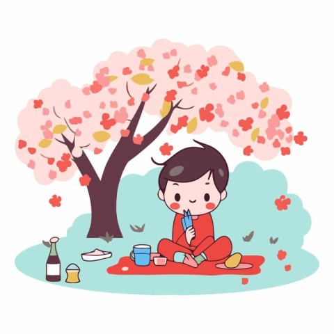 Illustration of a boy having a picnic in the park with cherry bl