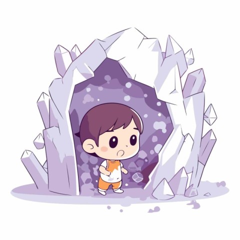 cute little boy in the stone house with crystal vector illustrat