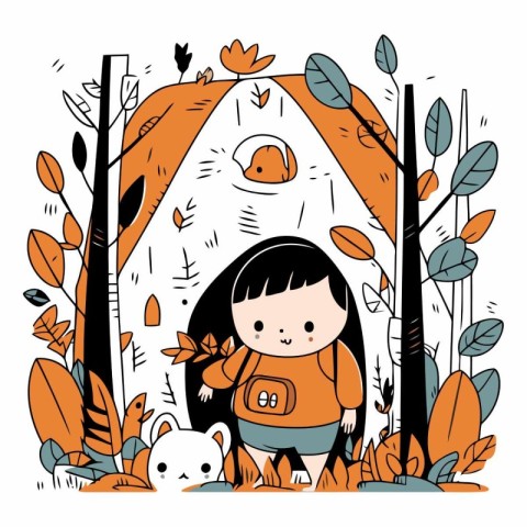 Vector illustration of a little girl with a backpack in the fore