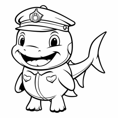 Black and White Cartoon Illustration of Cute Fish Captain Charac