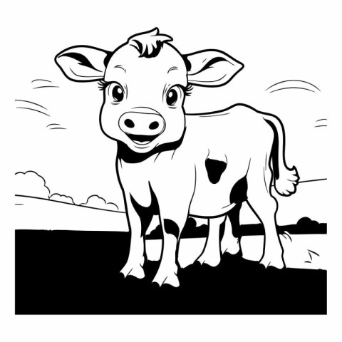 Vector image of a cow on a farm. Black and white illustration.