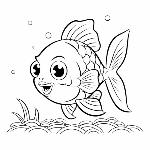 Black and White Cartoon Illustration of Cute Fish Animal Charact