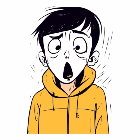 Surprised boy in a yellow hoodie.