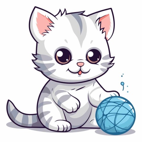 Cute cartoon cat playing with ball of yarn.