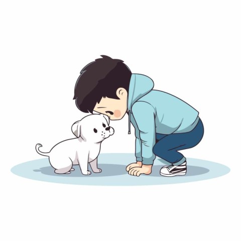 Little boy playing with a dog on white background.