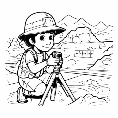 Black and White Cartoon Illustration of a Kid Photographer or Tr