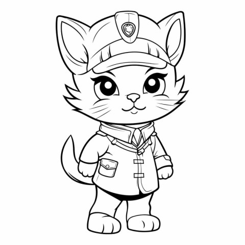 Black and White Cartoon Illustration of Cute Cat Captain Charact