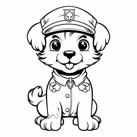 Black and White Cartoon Illustration of Cute Puppy Police Dog Co