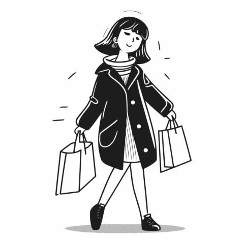 Girl with shopping bags. Black and white vector illustration in