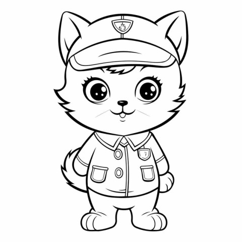 Black and White Cartoon Illustration of Cute Cat Police Officer