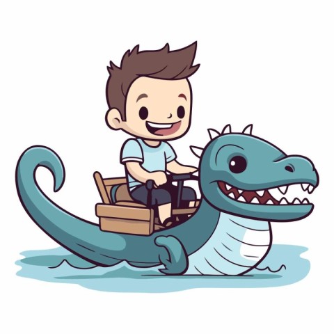 Cute boy riding a dragon on a boat.