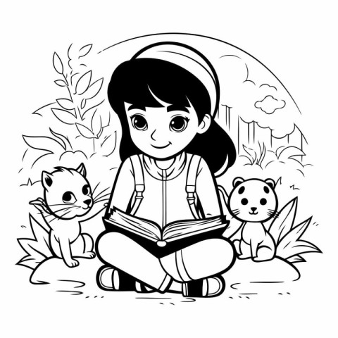 cute little girl reading book with cat and dog vector illustrati