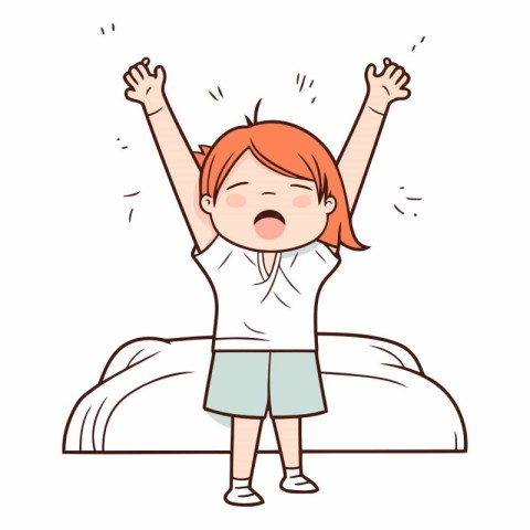 Illustration of a little girl waking up in the morning with hand