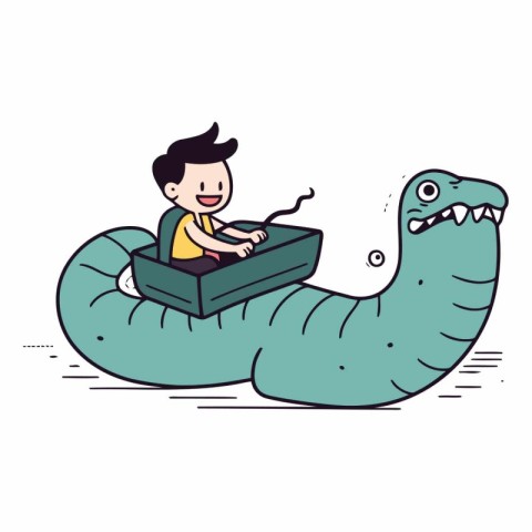 Boy playing on a worm in doodle style.