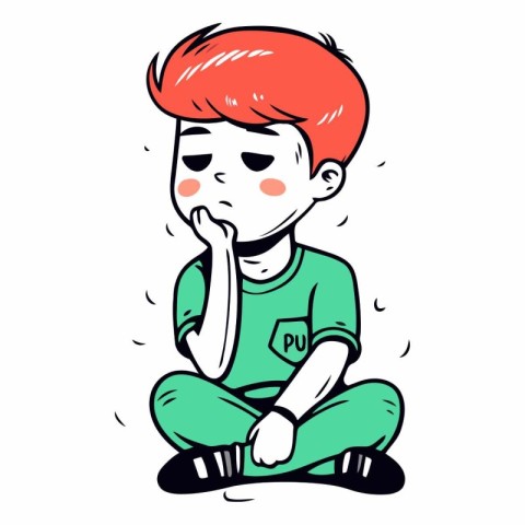 Sad boy with red hair sitting on the floor.