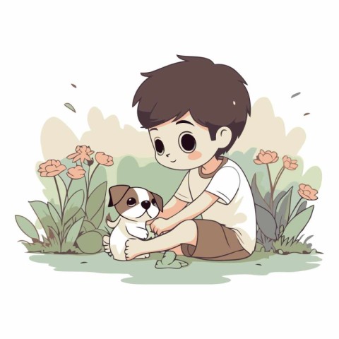 Boy playing with his dog in the garden. Cute cartoon vector illu