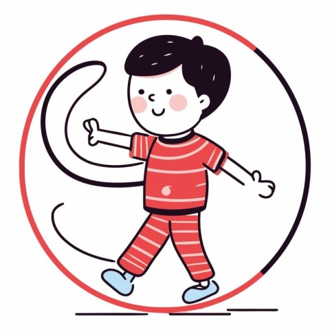 Cute little boy playing with a rope in cartoon style.